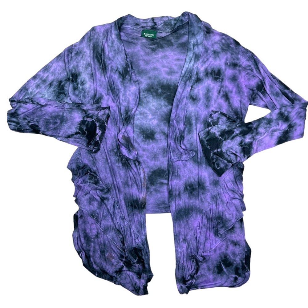 Kathmandu Imports Cardigan Women Tie Die Jacket Stretch Boho Purple Ruffle Hem